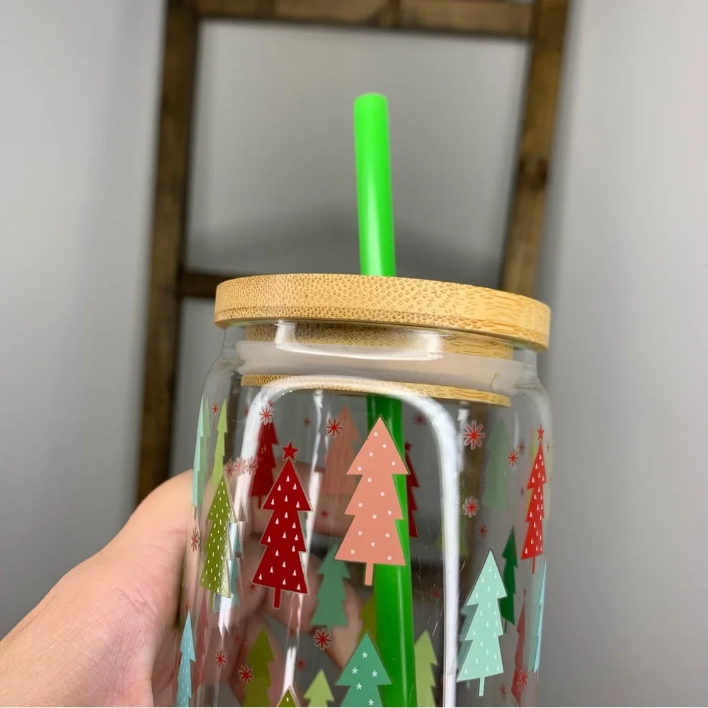 Hobby Lobby Festive Tree Glass Tumbler with Bamboo Lid and Green Straw